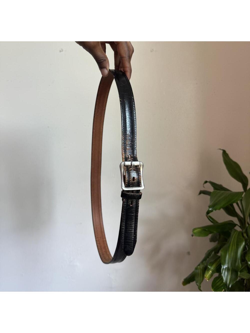 90s black Top Grain Cowhide Leather Belt Silver Buckle Size 38